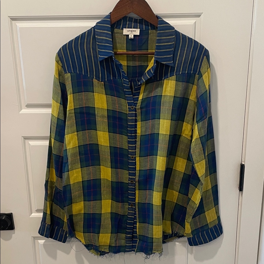 Yellow and Blue Plaid Button-Up Shirt